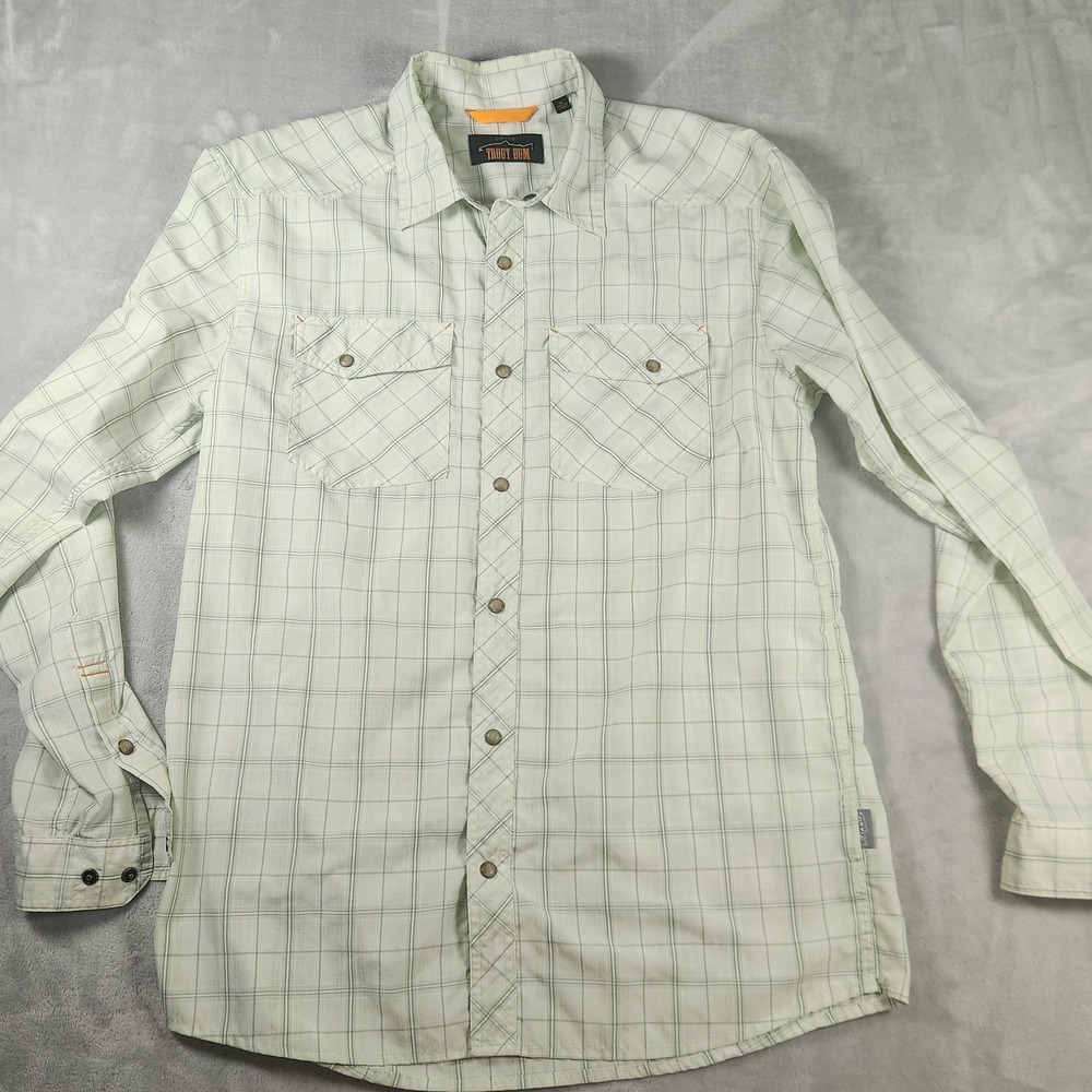 Orvis Trout Bum Shirt Mens Medium M Green Plaid Western Pearl Snap Long Sleeve